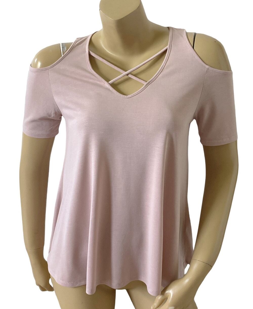 Caution to the Wind Top Womens Small Pink Cold Shoulder Strappy V Neck Modal